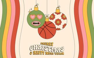 basketbal vrolijk Kerstmis en gelukkig nieuw jaar groovy sport- groet kaart. hangende bal net zo een groovy Kerstmis bal Aan levendig achtergrond. vector illustratie.