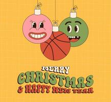 basketbal vrolijk Kerstmis en gelukkig nieuw jaar groovy sport- groet kaart. hangende bal net zo een groovy Kerstmis bal Aan levendig achtergrond. vector illustratie.