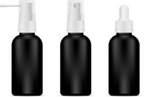 zwart flessen reeks voor schoonheidsmiddelen of medisch behoeften. sproeier en druppelaar potten met wit kappen. vector