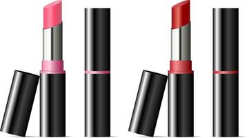 modieus lippenstift bespotten omhoog reeks met zwart kappen. vector illustratie. sexy rood en roze kleur. 3d bedenken kunstmatig advertenties.