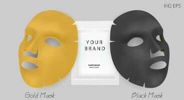 zwart en goud gelaats masker schoonheidsmiddelen advertenties. realistisch vector illustratie. pakket ontwerp voor gezicht masker geïsoleerd Aan grijs achtergrond.