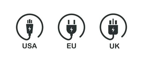 types van stopcontact pluggen icoon set. kabel pluggen type Verenigde Staten van Amerika, uk, EU illustratie symbool. teken elektrisch plug vector