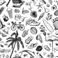 zomertijd ornament in schetsen stijl. vector naadloos patroon van zomer werkzaamheid, vrije tijd, voedsel, flora, dieren. abstract schets tekeningen ontwerp.