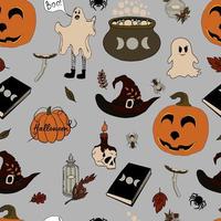 vector naadloze patroon halloween eps. doodle drankje en Wicca symbolen, pompoen en schedel, paddenstoelen en herfstbladeren