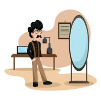 gelukkig hipster tekenfilm karakter op zoek Bij een spiegel vector illustratie