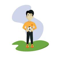 geïsoleerd gelukkig voetbal speler tekenfilm met een bal vector illustratie