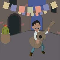 gelukkig mannetje tekenfilm spelen een gitaar cinco de mayo vector illustratie