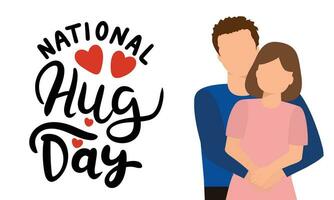 nationaal knuffel dag spandoek. handschrift inscriptie, nationaal knuffel dag. Mens en vrouw zijn knuffelen. hand- getrokken vector kunst.