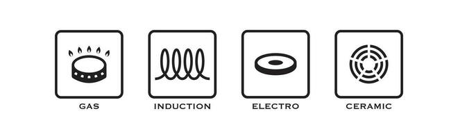 gas, inductie, elektro, keramisch icoon set. fornuis illustratie symbool. teken kachelc vector