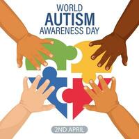 wereld autisme bewustzijn dag spandoek. kinderen handen en kleurrijk hart puzzels. poster, vector