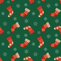 Kerstmis naadloos patroon met Kerstmis sneeuwvlokken en sokken. feestelijk groen achtergrond, vector
