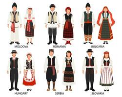 een reeks van paren in volk kostuums van Europese landen. Moldavië, Roemenië, bulgarije, servië, Hongarije, Slowakije. cultuur en tradities. illustratie, vector