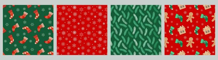 verzameling van Kerstmis naadloos patronen met peperkoek Heren, huizen, sneeuwvlokken, Kerstmis snoepjes en sokken. reeks van vakantie achtergronden, vector