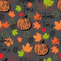 vector naadloze patroon herfstbladeren en pompoen met belettering herfst tijd achtergrond. herfst clip art hand geschilderd, geïsoleerd. Halloween-pompoen. voor uitnodigingen, wenskaarten, print, banners
