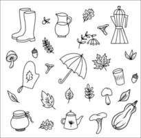 vector set hand getrokken doodle herfst illustraties. oogstfeest. uitnodigingsbanner voor herfstfeest. gelukkige dankzegging kaart decor. paraplu, laarzen, keukengerei, paddenstoelen en bladeren