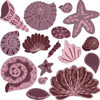 vector set van schelpen en zeesterren monochroom geïsoleerde roze objecten van de zeeën en oceanen onderwaterwereld