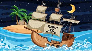 oceaan met piratenschip bij nachtscène in cartoonstijl vector