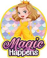 prinses stripfiguur met magie gebeurt lettertype banner vector