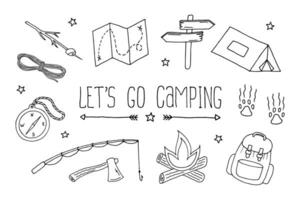 laten we Gaan camping set. backpacken tekening, bewerkbare tekening illustratie. wandelen pictogrammen. zwart voorwerpen Aan wit achtergrond vector