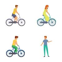 fietser pictogrammen reeks tekenfilm vector. Mens en vrouw Aan fiets vector