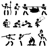 Primitieve oude prehistorische holbewoner Man mens met behulp van gereedschap en apparatuur pictogram symbool teken pictogram. vector