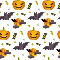 halloween schattig naadloos patroon met een pompoen, maan en vleermuis. kinderen ontwerpen voor kleding, inpakpapier, textiel, stof, behang. vector illustratie