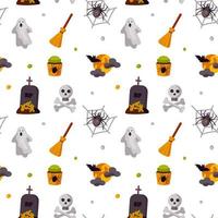 Halloween schattig naadloos patroon met een schedel en gekruiste knekels, bezem, spook, maan, vleermuis, spin en graf. kinderen ontwerpen voor kleding, inpakpapier, textiel, stof, behang. vector illustratie
