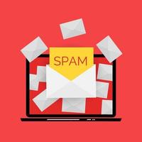 envelop met spam. spam-e-mailwaarschuwingsvenster op laptopscherm. vector
