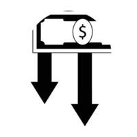 financiën crisis icoon zwart wit. geld dollar bankbiljet en pijlen omlaag. vector illustratie
