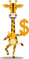 giraffe met dollar teken, illustratie, vector Aan wit achtergrond.
