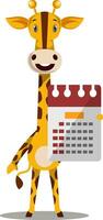 giraffe met kalender, illustratie, vector Aan wit achtergrond.