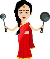 Indisch vrouw met pan , illustratie, vector Aan wit achtergrond.