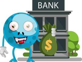 blauw monster met geld en bank, illustratie, vector Aan wit achtergrond.