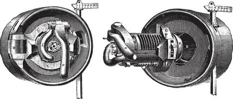 stuitligging mechanisme onderbroken schroef draden knal systeem, wijnoogst gravure. vector