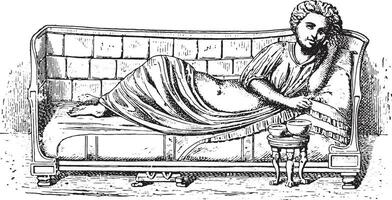 Romeins bed cubularius, wijnoogst gravure. vector