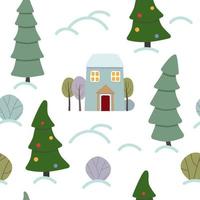 winterpatroon met huis en kerstboom. naadloos vectorpatroon met de winterbos. vector