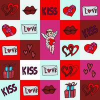 valentijnsdag dag naadloos achtergrond. pleinen en harten, lippen, geschenken. romantisch vector patroon.