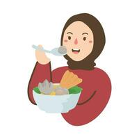 gelukkig vrouw Holding ramen noodle vector