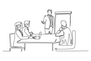 doorlopend een lijn tekening jong gelukkig zakenman en zakenvrouw bespreken in kantoor vergadering kamer. bedrijf vergadering en presentatie concept. single lijn trek ontwerp vector grafisch illustratie