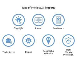 type van intellectueel eigendom rechten zo net zo auteursrechten, handelsmerk, handel geheim, octrooi, ontwerp, geografisch indicatie, fabriek vector