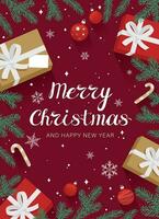 Kerstmis kaart met rood achtergrond met decoratief elementen van Spar takken, geschenk dozen, Kerstmis boom ballen, gestreept snoep wandelstokken voor nieuw jaar groeten naar familie en vrienden vector