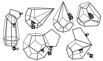 reeks van mooi binnen- en buitenshuis terraria met sloten en sleutels Aan een wit achtergrond. vector illustratie van een glas florarium van divers meetkundig vormen . geïsoleerd containers met zwart schets
