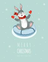 Kerstmis kaart met schattig konijn in rood de kerstman hoed. seizoen hartelijk groeten. vrolijk Kerstmis en gelukkig nieuw jaar. vector illustratie in tekenfilm stijl. Chinese nieuw jaar 2023 symbool. uitnodiging sjabloon