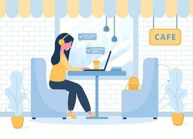 vrouwen freelancer. meisje met laptop in hoofdtelefoons zittend Bij een tafel in cafe. concept illustratie voor aan het studeren, opleiding, werk van huis, gezond levensstijl. vector illustratie in vlak stijl.