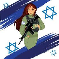 mooi idf meisje met een machine geweer in haar handen Aan de achtergrond van de Israëlisch vlag vector illustratie.jong Israëlisch Joods vrouw soldaat in leger uniform