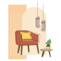 minimalistische interieur ontwerp lijn tekening.fragment van een modieus interieur met een elegant fauteuil en hangende kroonluchters en een tintje van meubilair Aan een achtergrond van abstract meetkundig vormen.vector vector