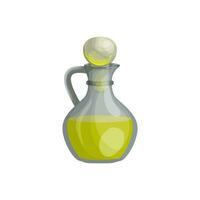 glas pot van groente olie of olijf, nootachtig vloeistof olie in tekenfilm stijl. fles van aromatherapie olie voor spa behandelingen, Koken en parfums. icoon voor website ontwerp, verpakking vector