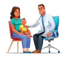 dokter onderzoeken een weinig jongen wie zit Aan haar moeder ronde door stethoscoop. vector tekenfilm karakter illustratie