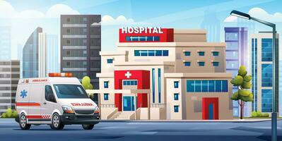 ziekenhuis gebouw met ambulance auto. medisch concept ontwerp achtergrond landschap illustratie vector