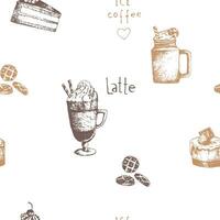 koffie drankjes latte, macchiato, bevroren koffie, cappuccino naadloos patroon. afdrukken voor een koffie winkel vector